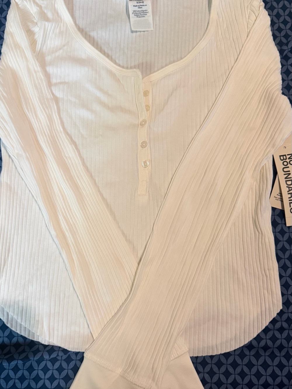 Women's White Ribbed Henley Long-Sleeve Top